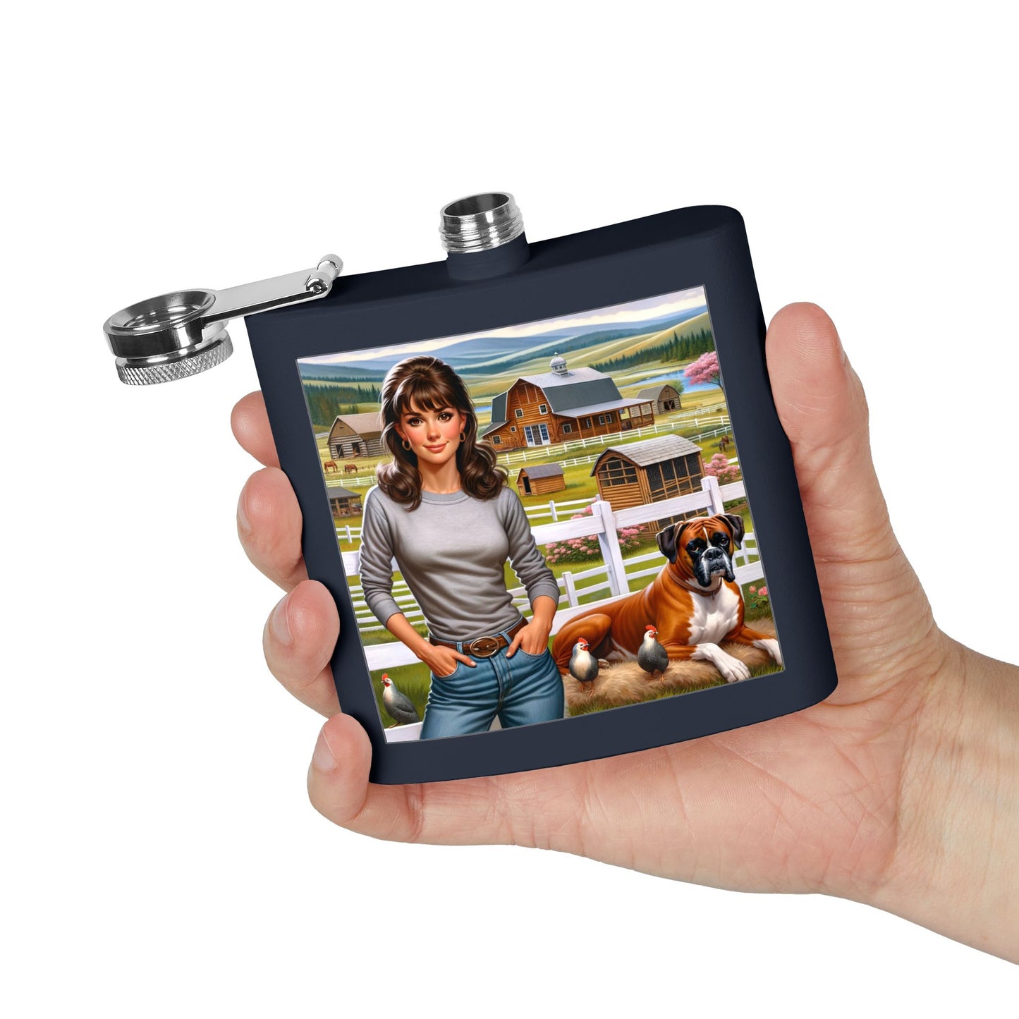 Flask — Country Farmhouse Girl Scene Stainless Steel 6oz Hip Flask