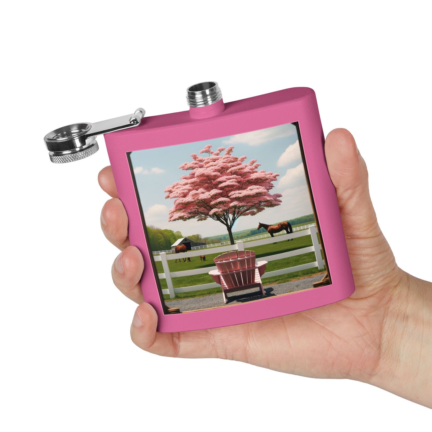 6oz Stainless Steel Flask — Pink Cherry Tree Ranch Scene