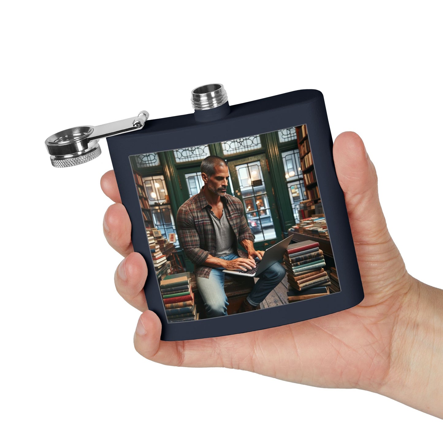 6oz Stainless Steel Flask — Cozy Library Man Design