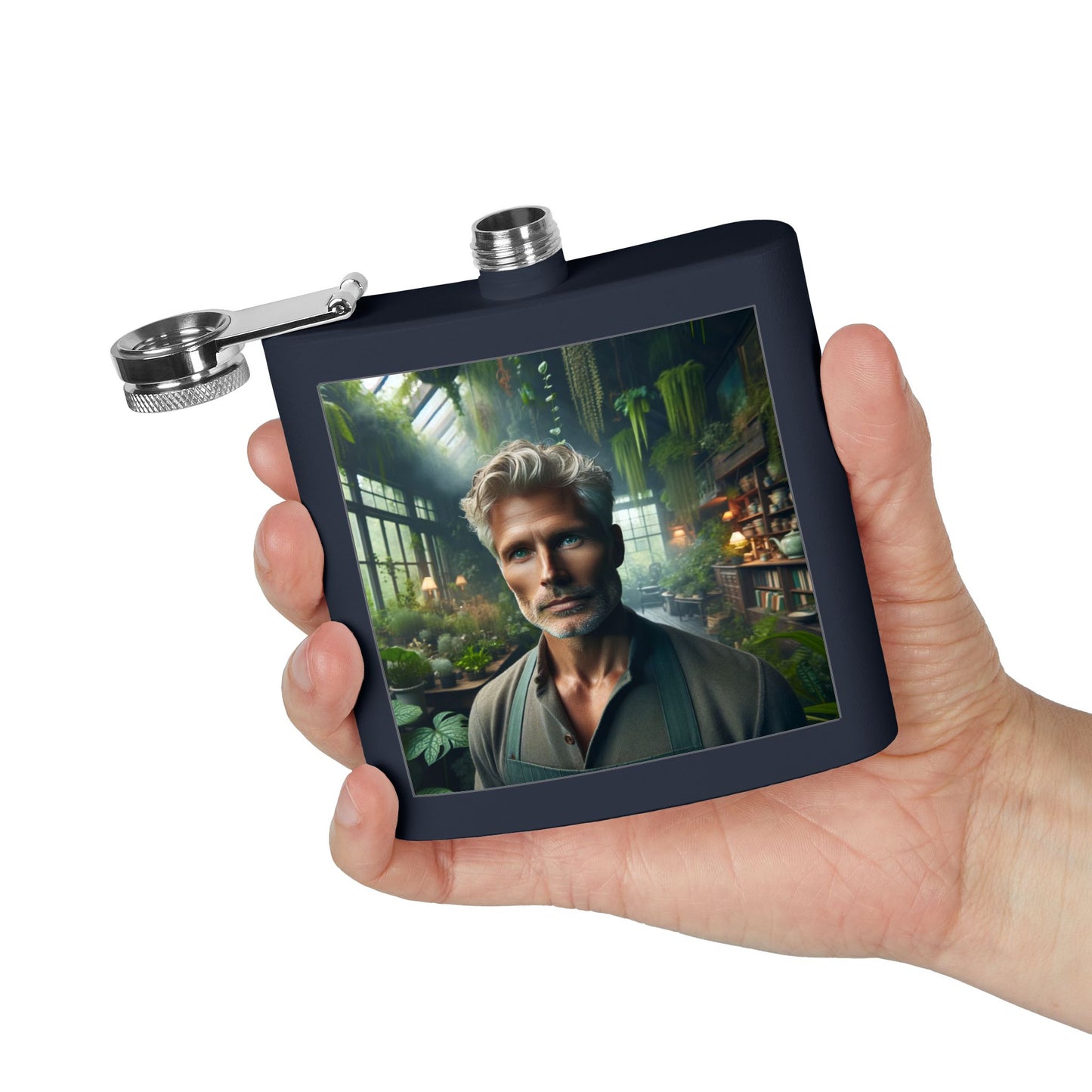 6oz Stainless Steel Flask — Botanical Greenhouse Portrait Design