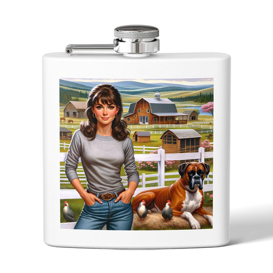 Flask — Country Farmhouse Girl Scene Stainless Steel 6oz Hip Flask