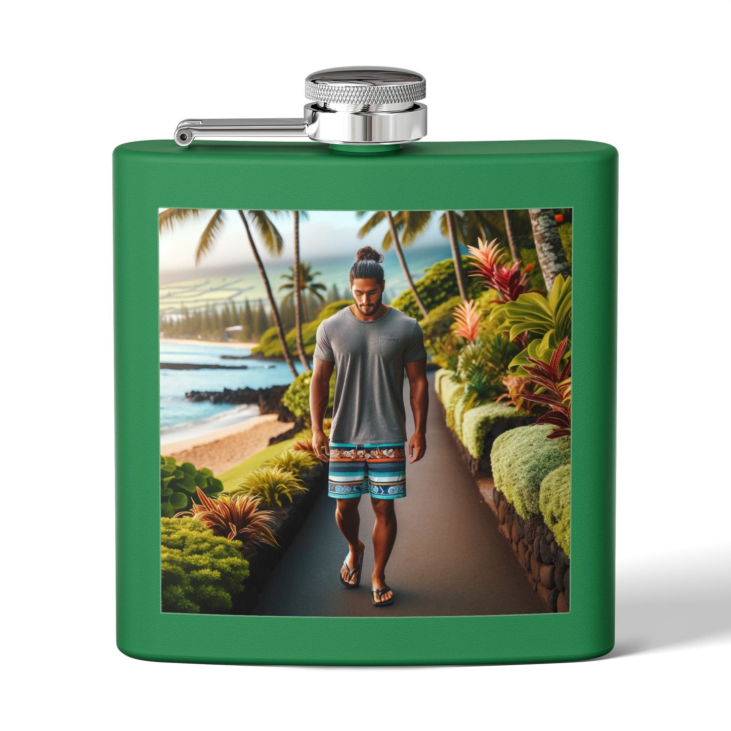 6oz Stainless Steel Flask — Tropical Beach Walk Design