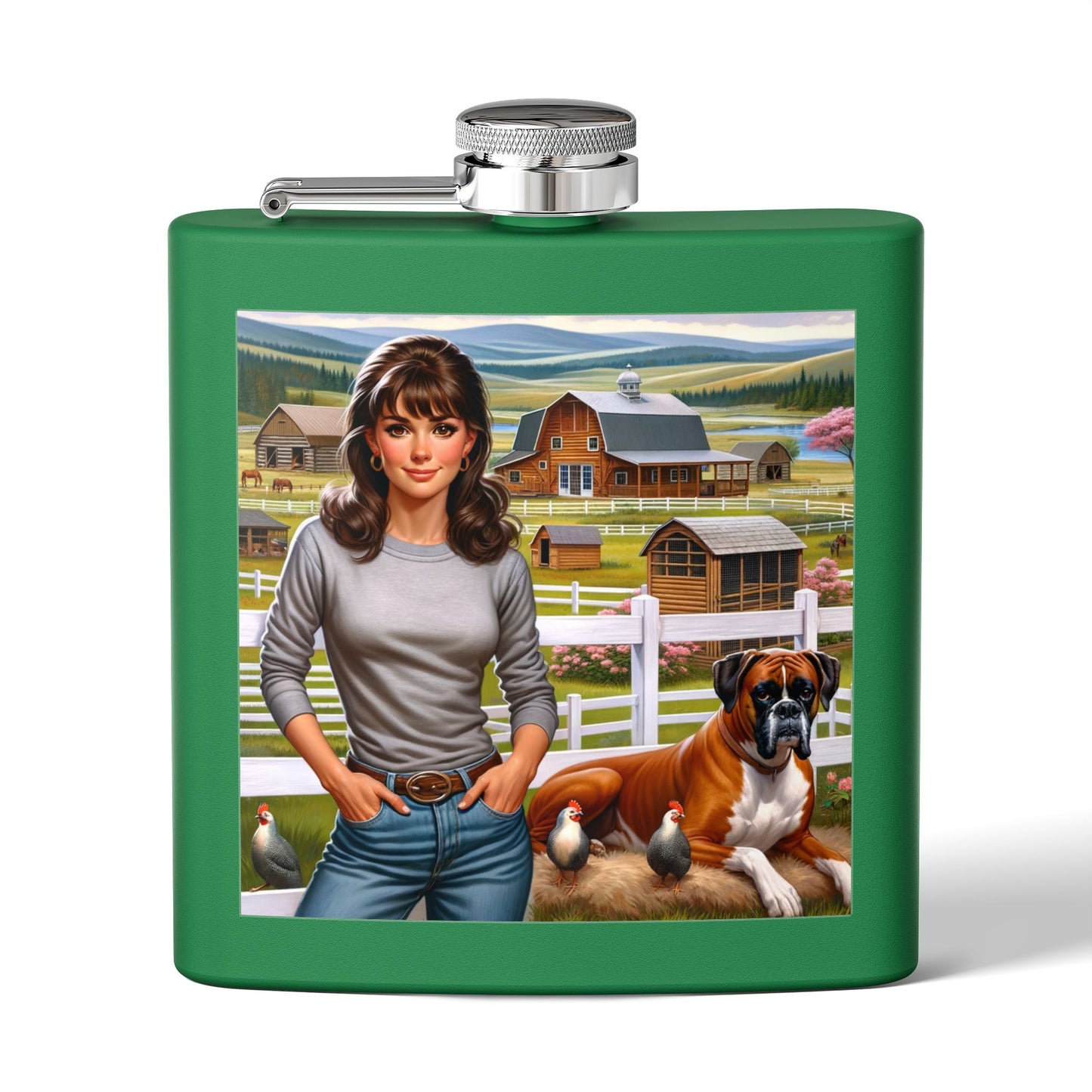Flask — Country Farmhouse Girl Scene Stainless Steel 6oz Hip Flask
