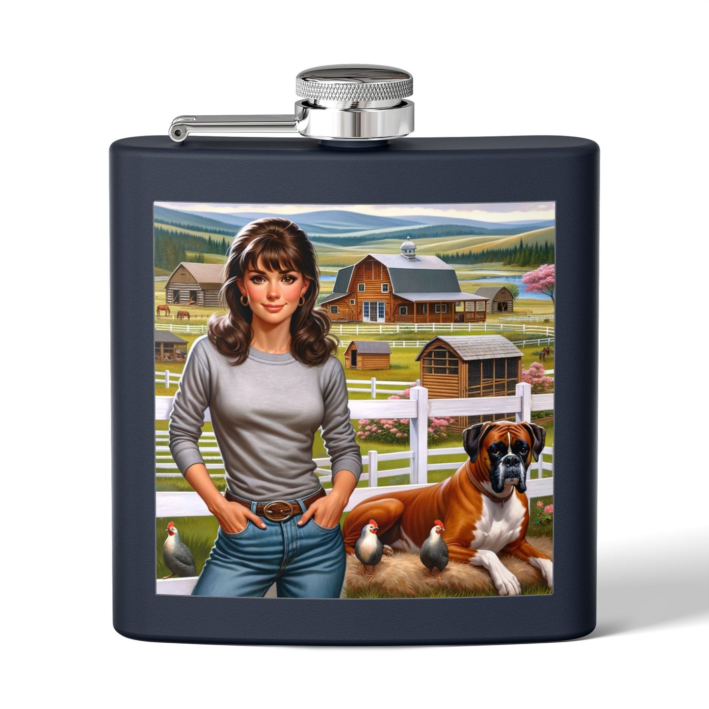 Flask — Country Farmhouse Girl Scene Stainless Steel 6oz Hip Flask