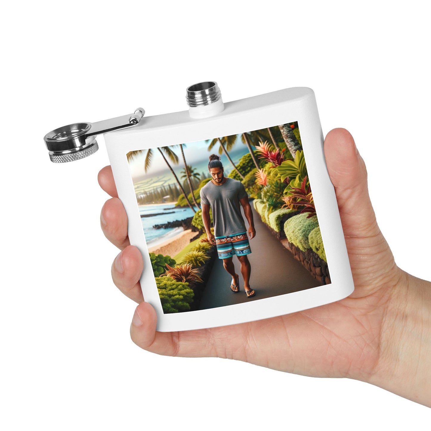 6oz Stainless Steel Flask — Tropical Beach Walk Design