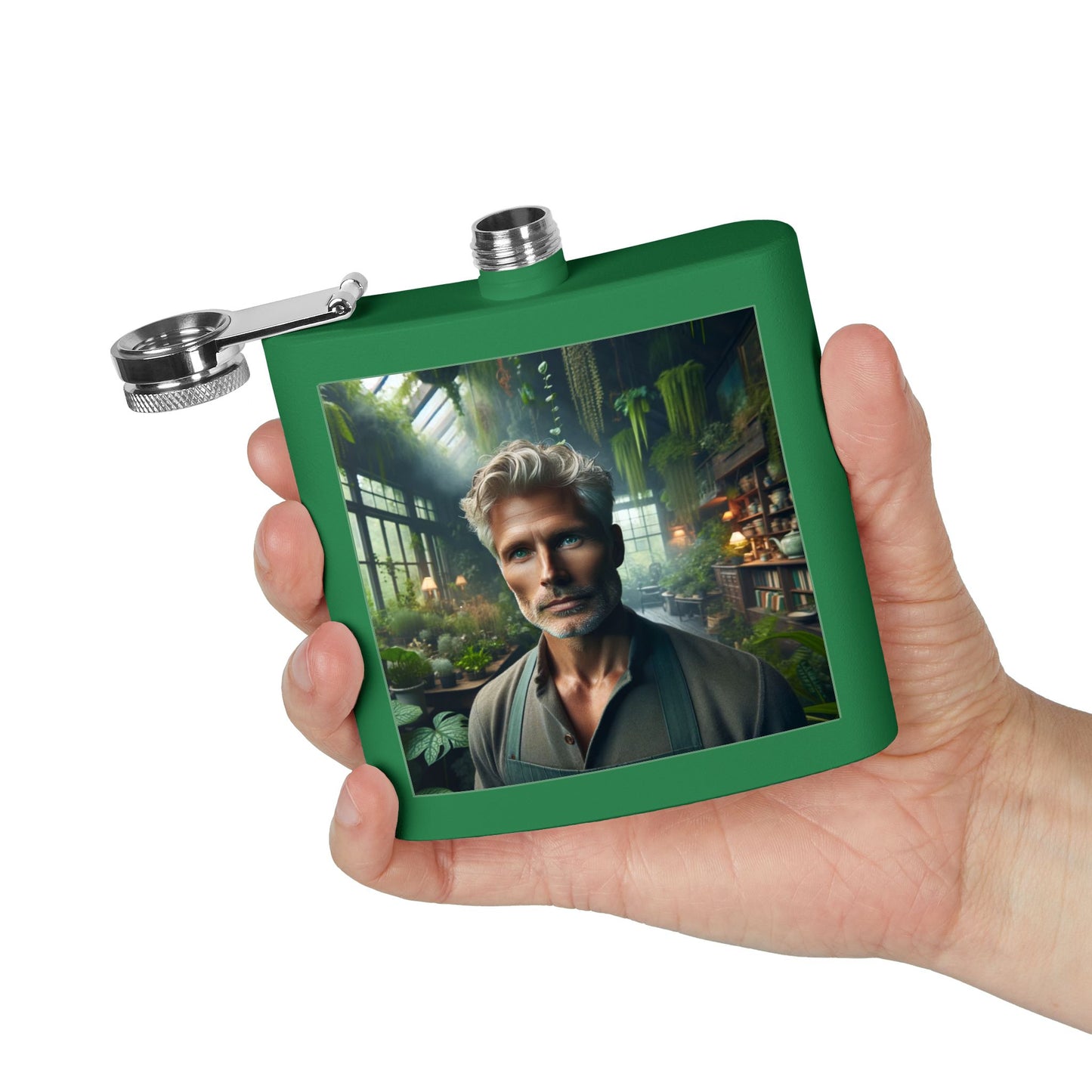 6oz Stainless Steel Flask — Botanical Greenhouse Portrait Design