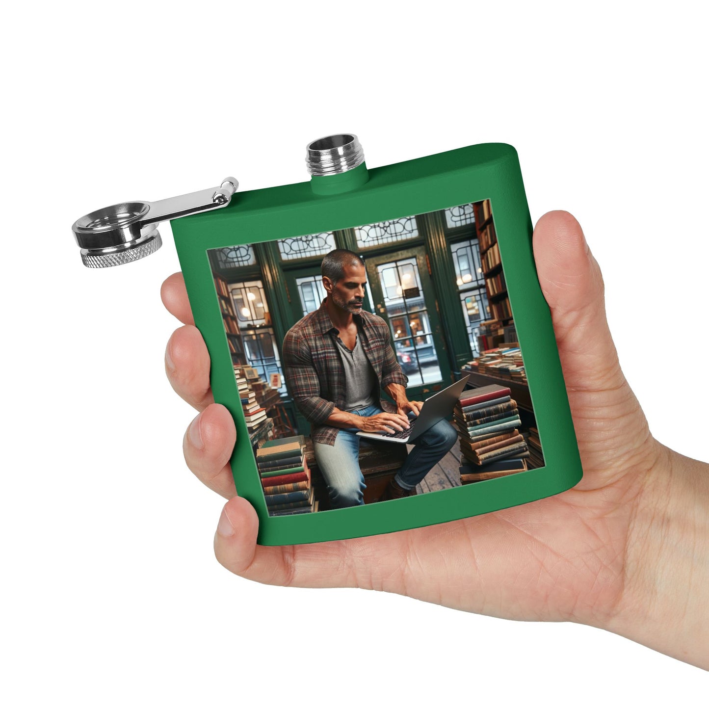 6oz Stainless Steel Flask — Cozy Library Man Design
