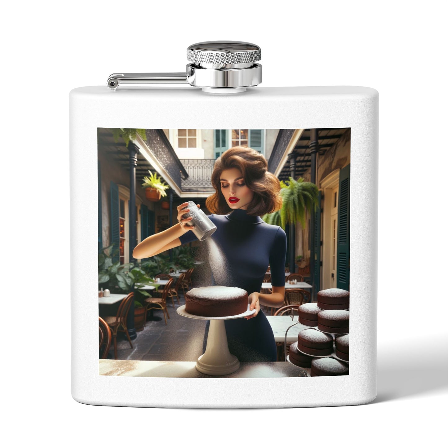 Baker’s Charm 6oz Stainless Steel Flask — Vintage Pastry Chef Art