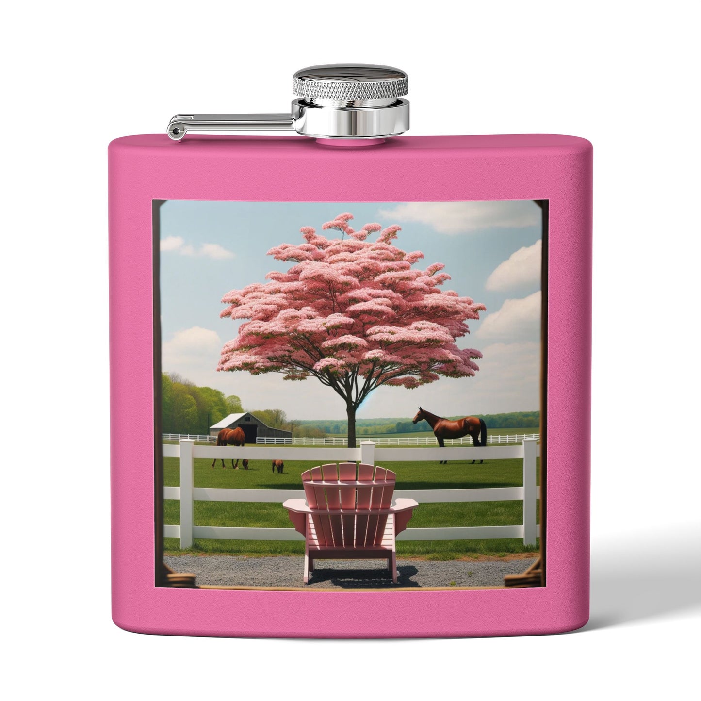 6oz Stainless Steel Flask — Pink Cherry Tree Ranch Scene
