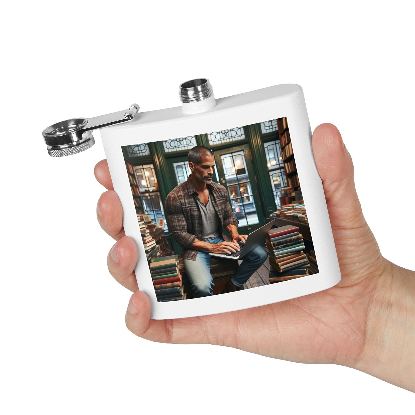 6oz Stainless Steel Flask — Cozy Library Man Design