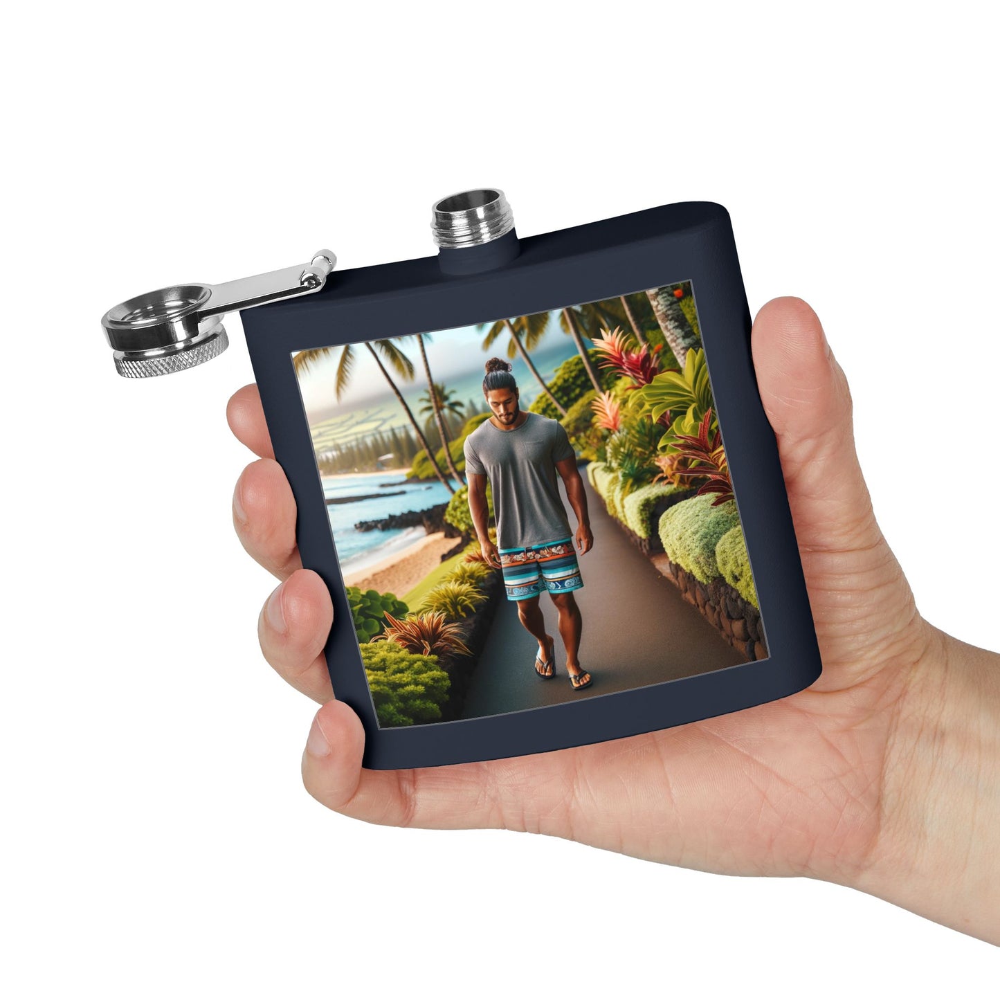 6oz Stainless Steel Flask — Tropical Beach Walk Design
