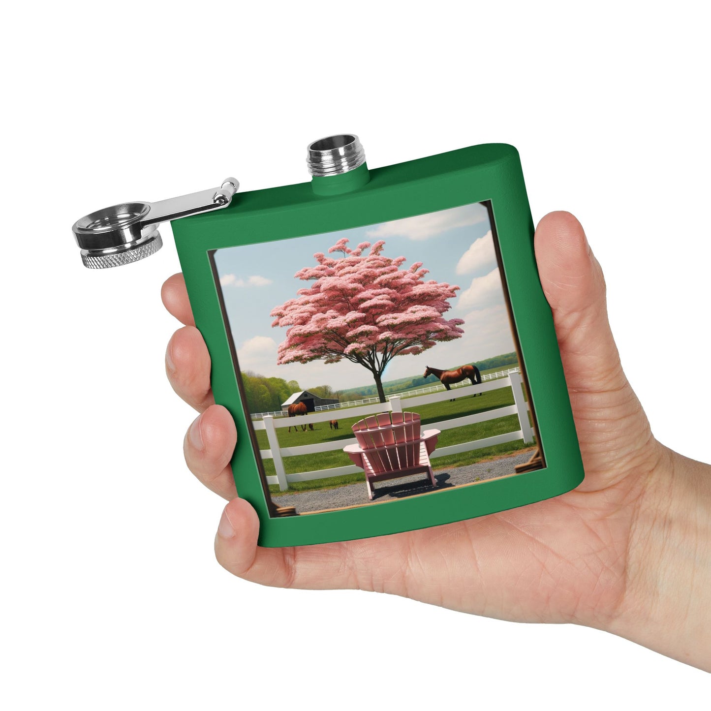 6oz Stainless Steel Flask — Pink Cherry Tree Ranch Scene