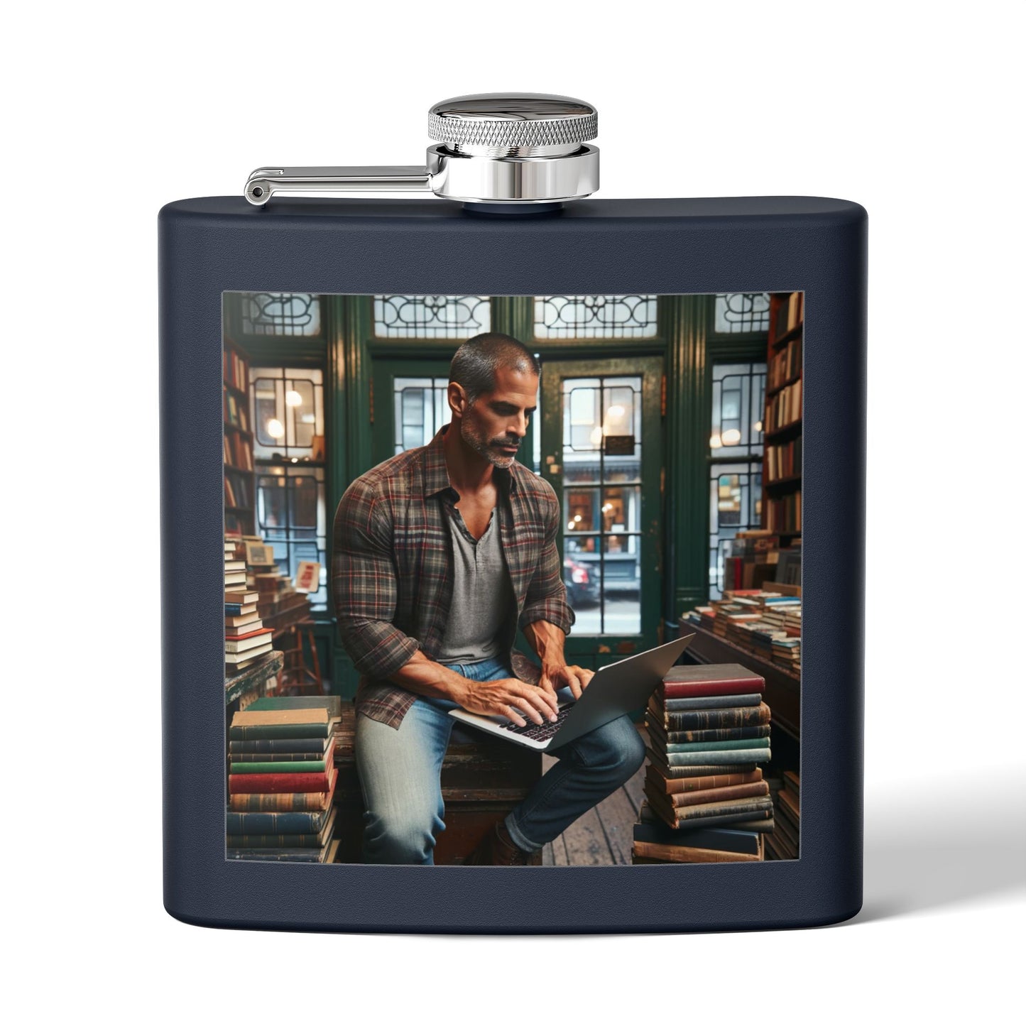 6oz Stainless Steel Flask — Cozy Library Man Design