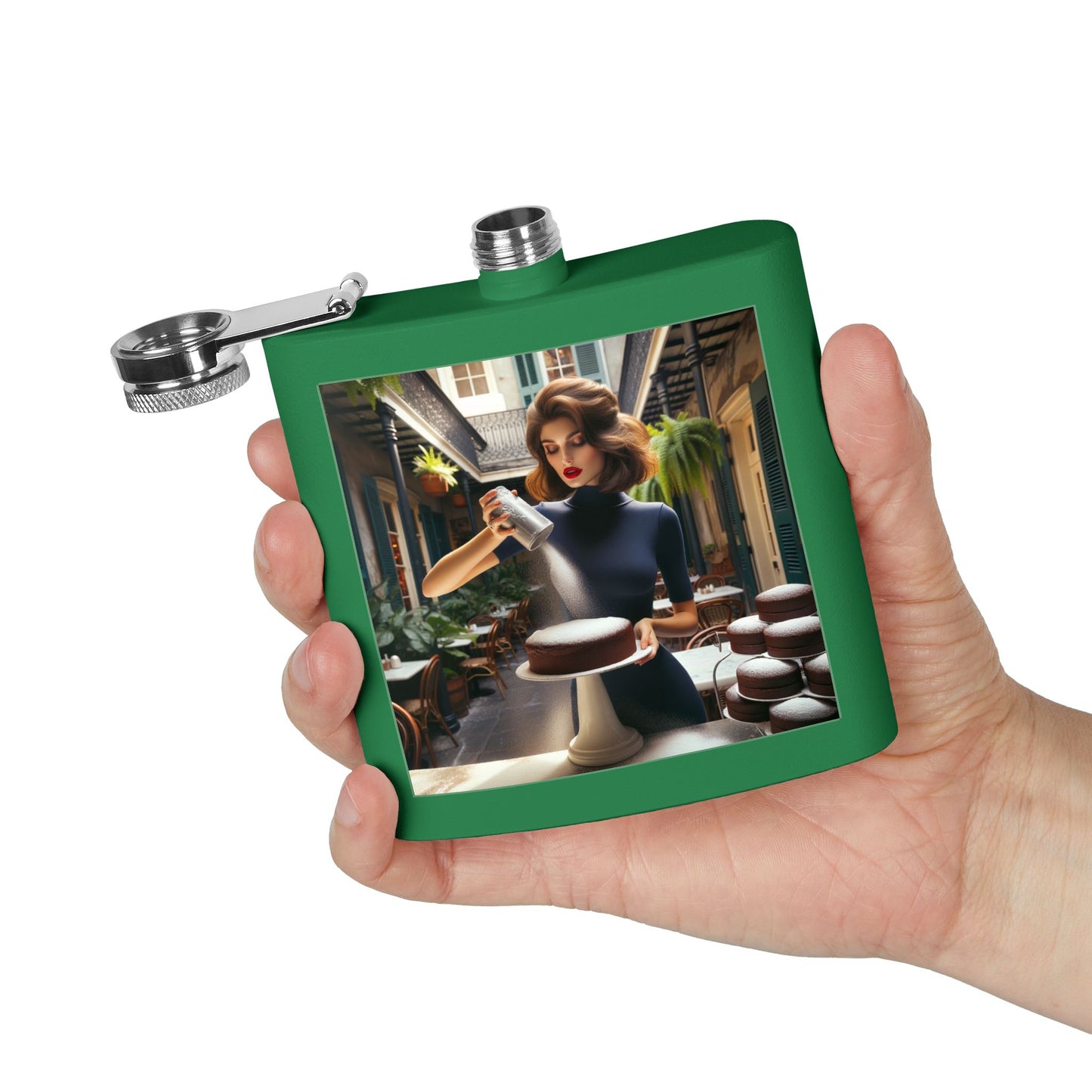 Baker’s Charm 6oz Stainless Steel Flask — Vintage Pastry Chef Art