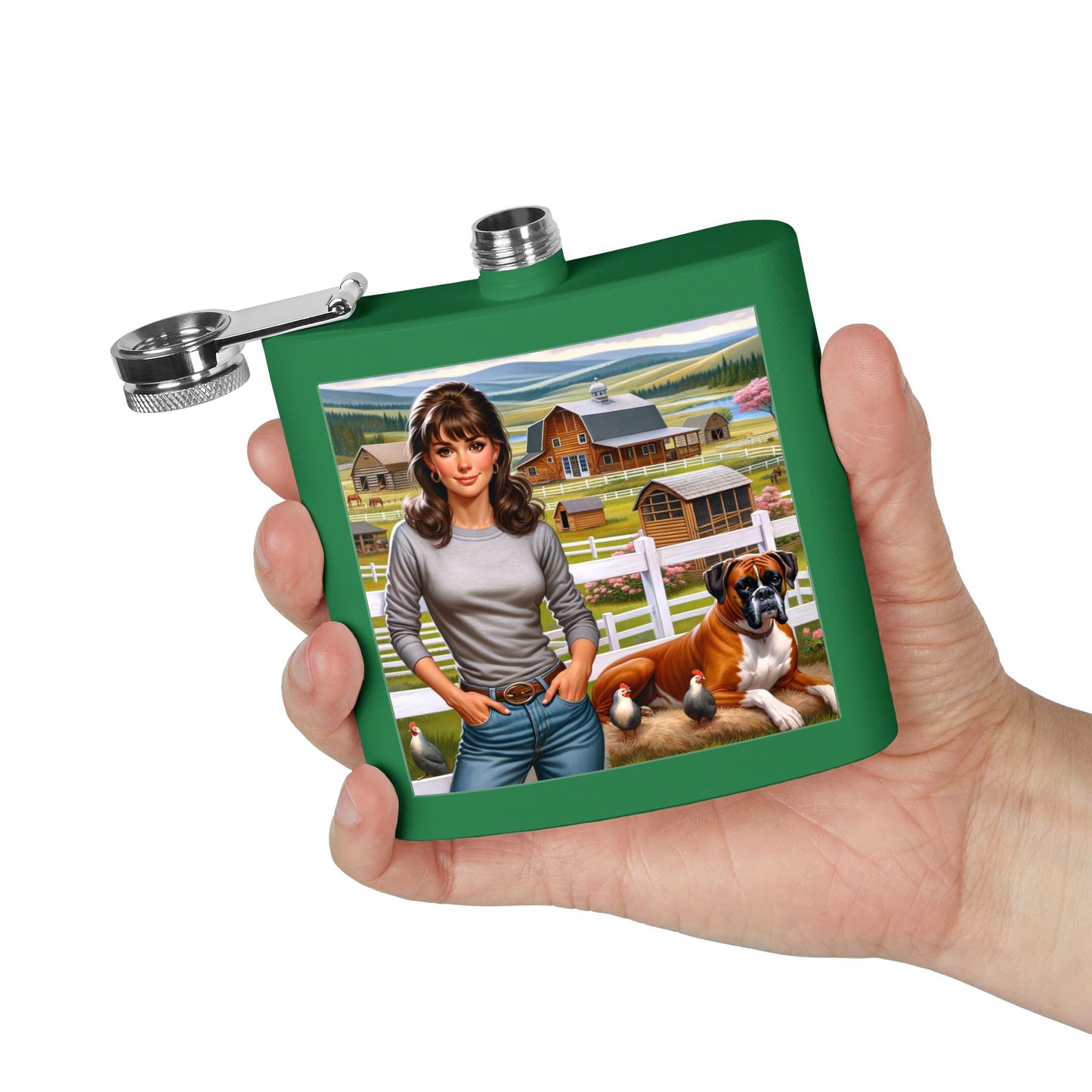 Flask — Country Farmhouse Girl Scene Stainless Steel 6oz Hip Flask