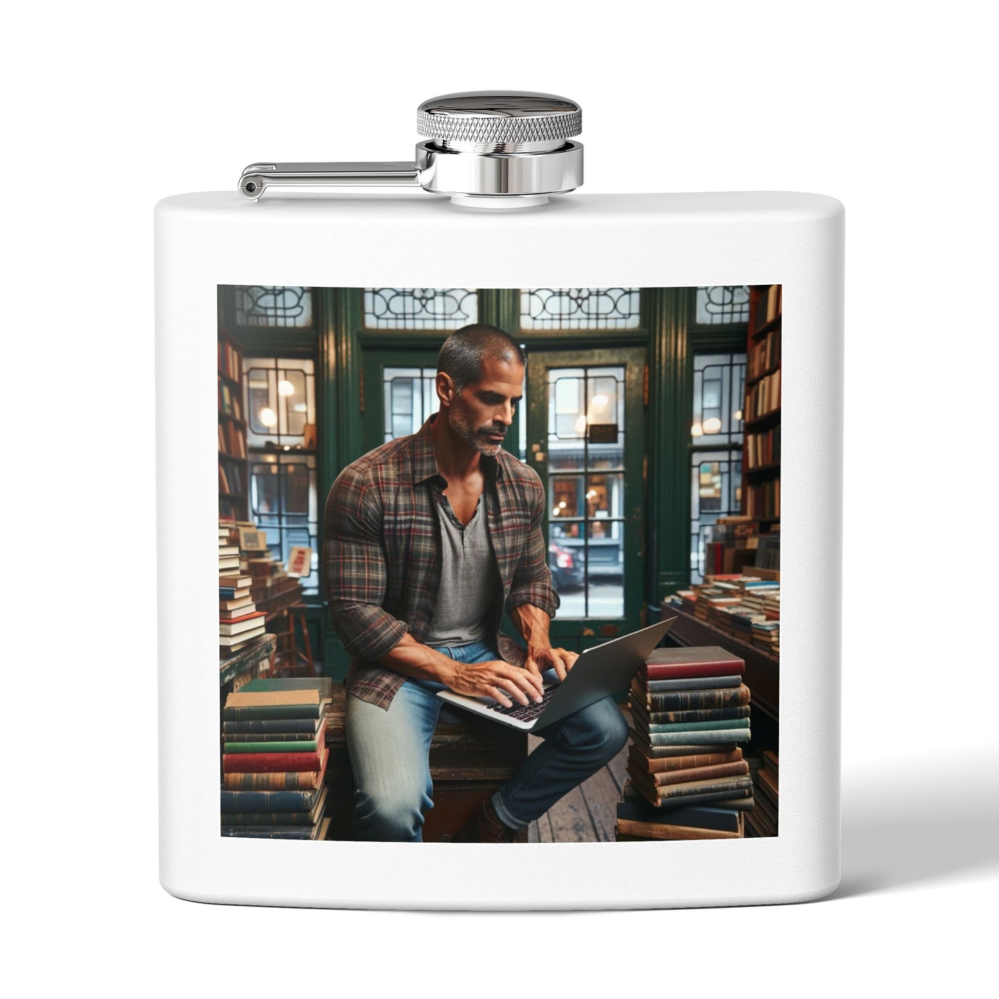 6oz Stainless Steel Flask — Cozy Library Man Design