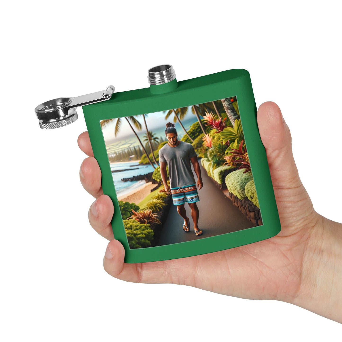 6oz Stainless Steel Flask — Tropical Beach Walk Design