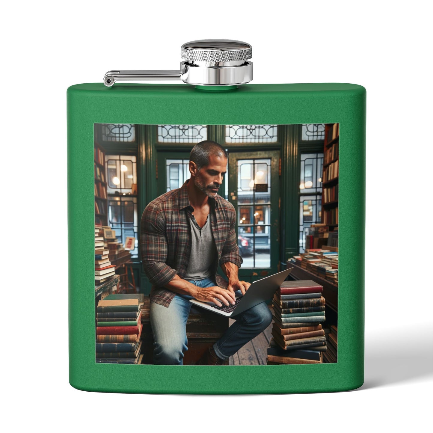 6oz Stainless Steel Flask — Cozy Library Man Design
