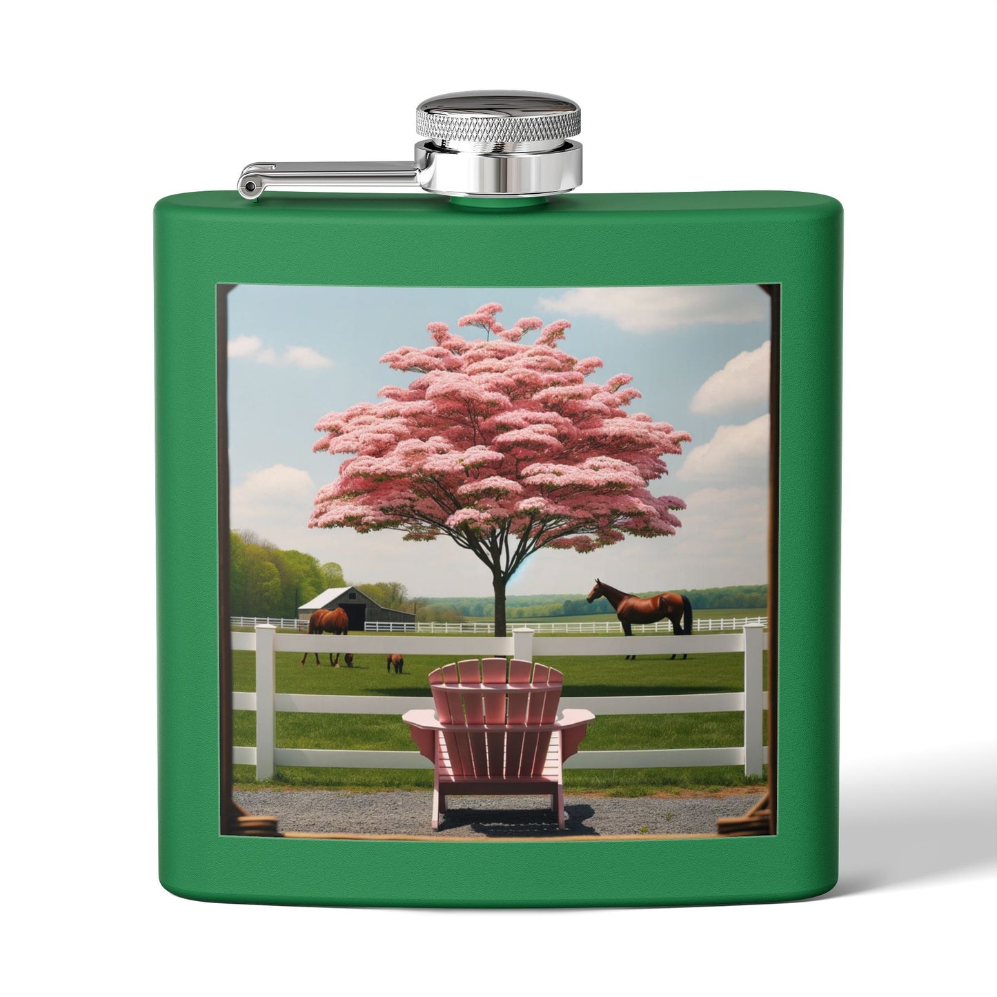 6oz Stainless Steel Flask — Pink Cherry Tree Ranch Scene