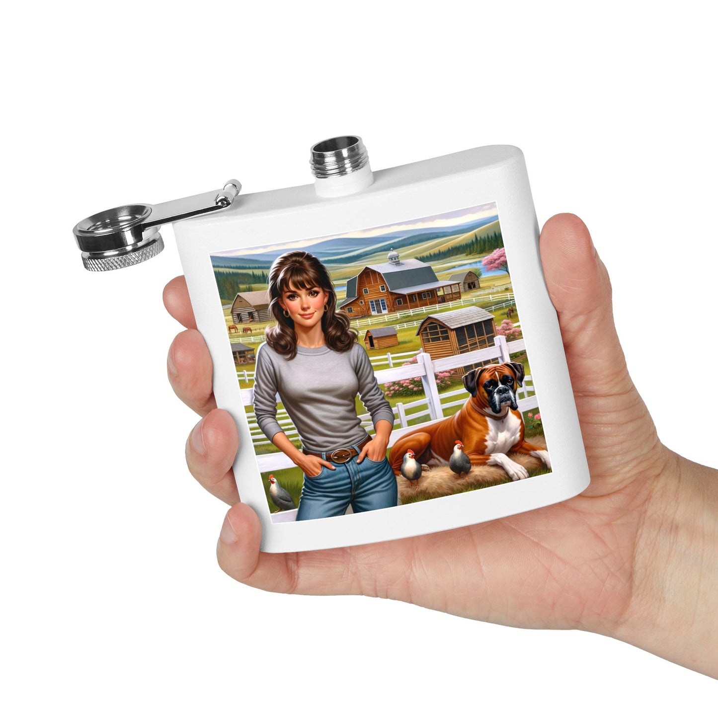 Flask — Country Farmhouse Girl Scene Stainless Steel 6oz Hip Flask