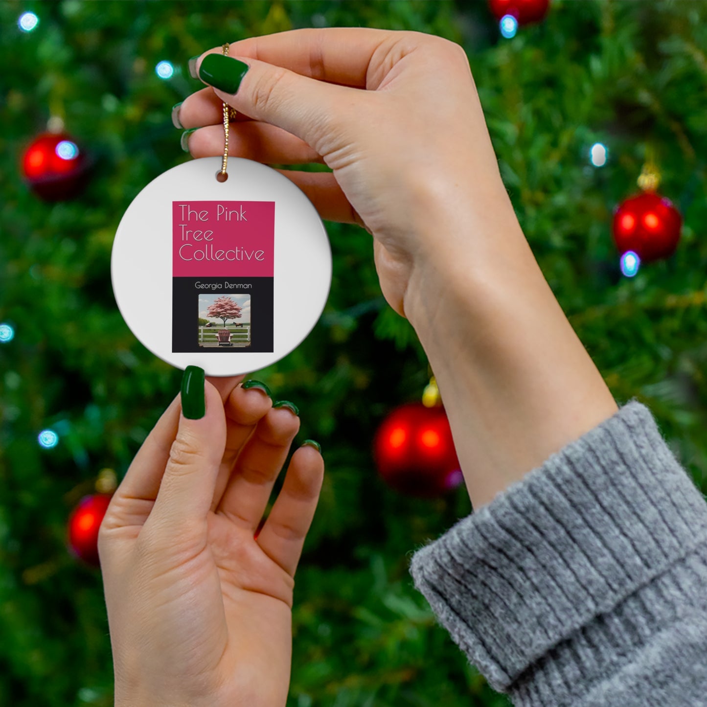 The Pink Tree Collective Cover on White Ceramic Ornament, 4 Shapes
