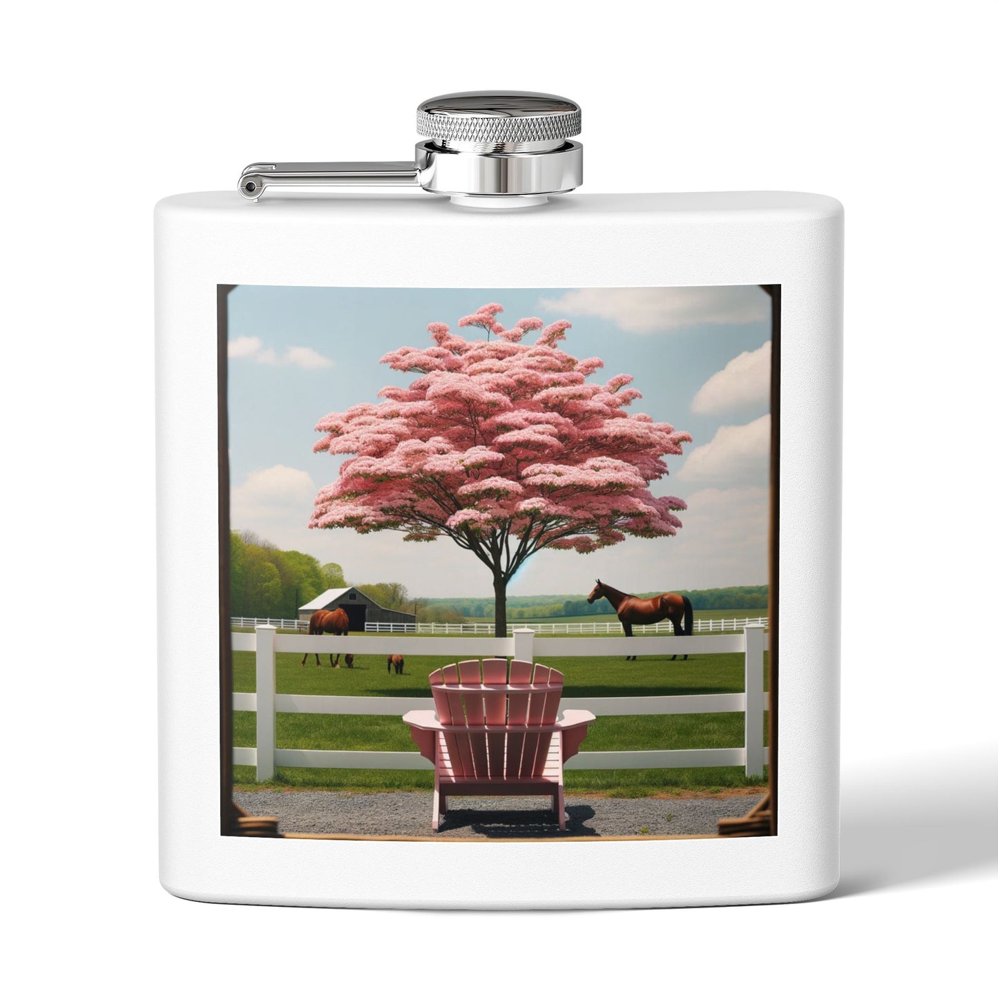 6oz Stainless Steel Flask — Pink Cherry Tree Ranch Scene