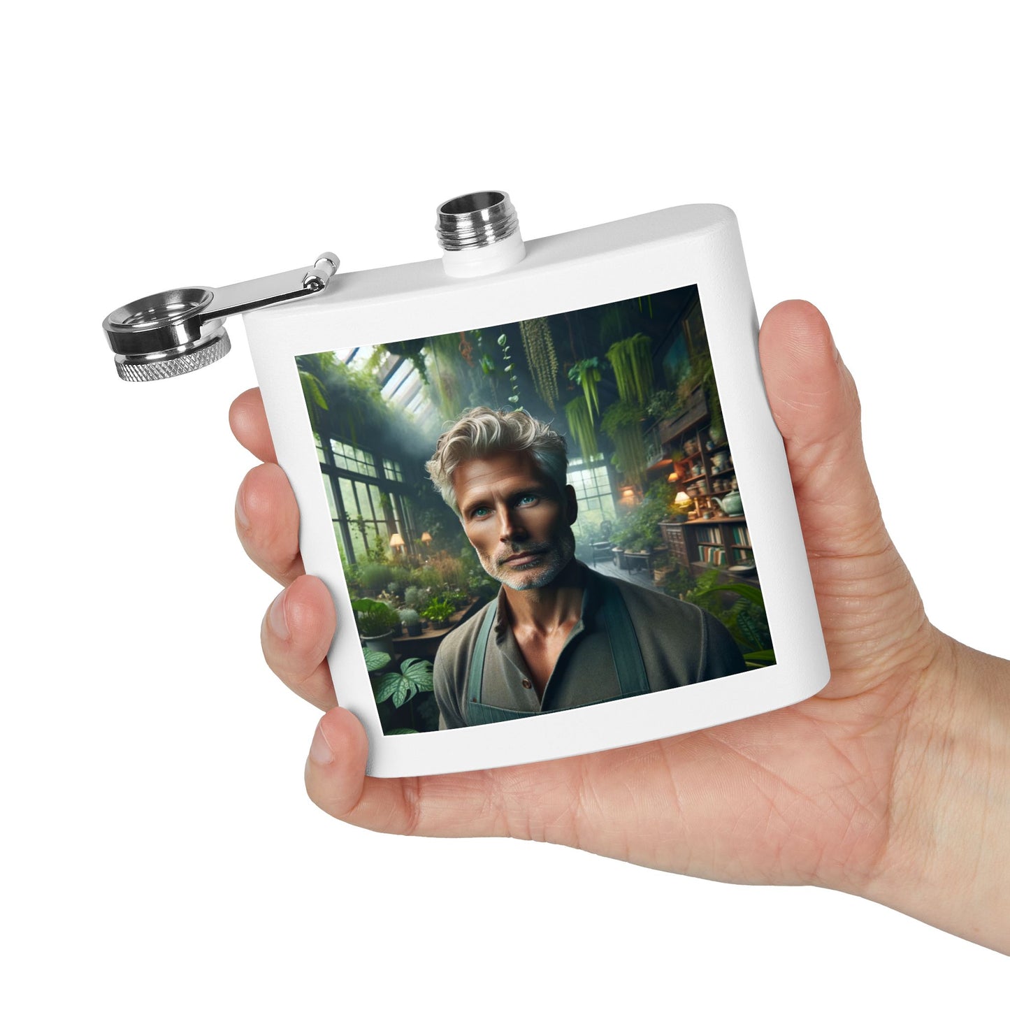 6oz Stainless Steel Flask — Botanical Greenhouse Portrait Design