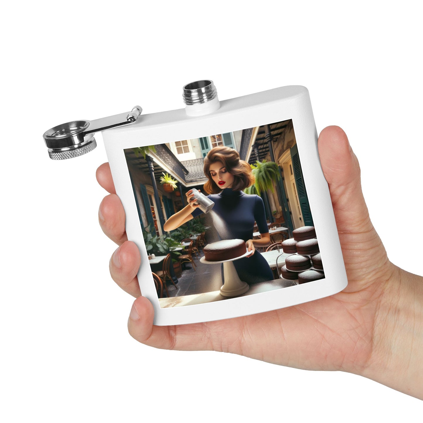 Baker’s Charm 6oz Stainless Steel Flask — Vintage Pastry Chef Art