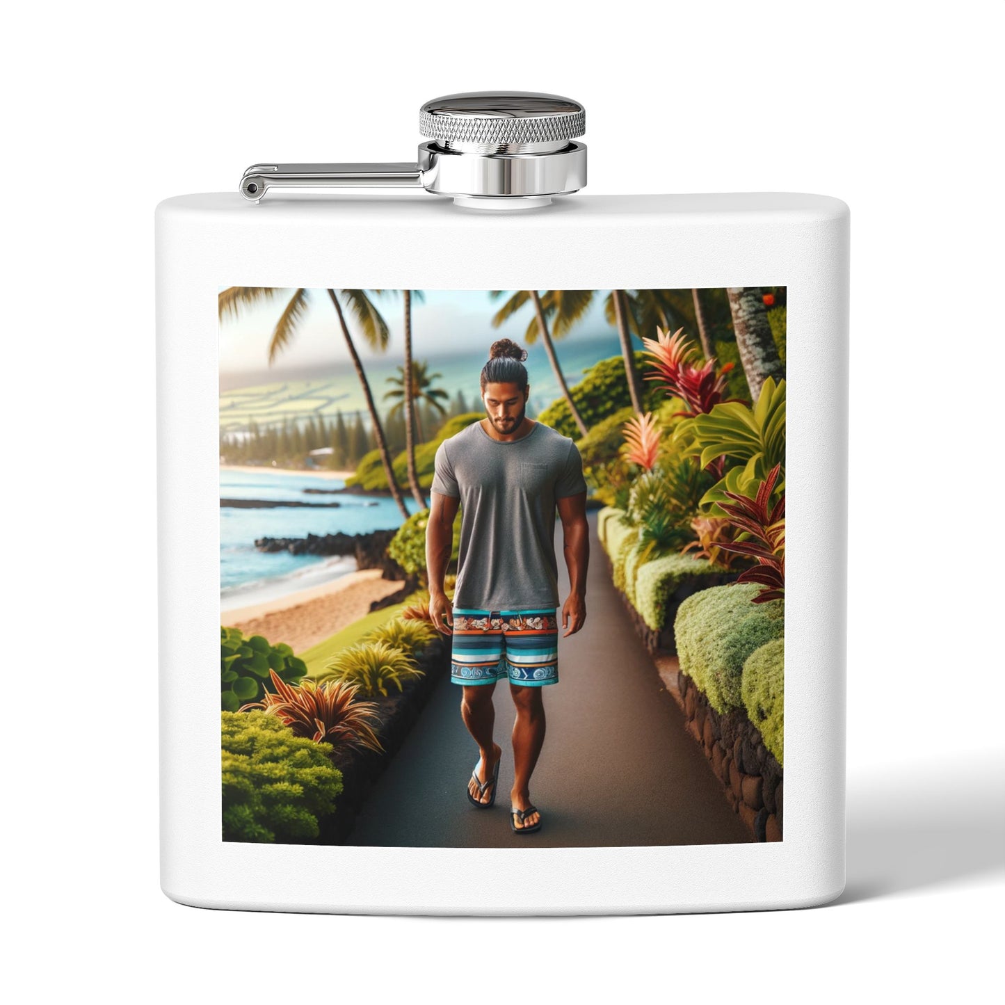 6oz Stainless Steel Flask — Tropical Beach Walk Design