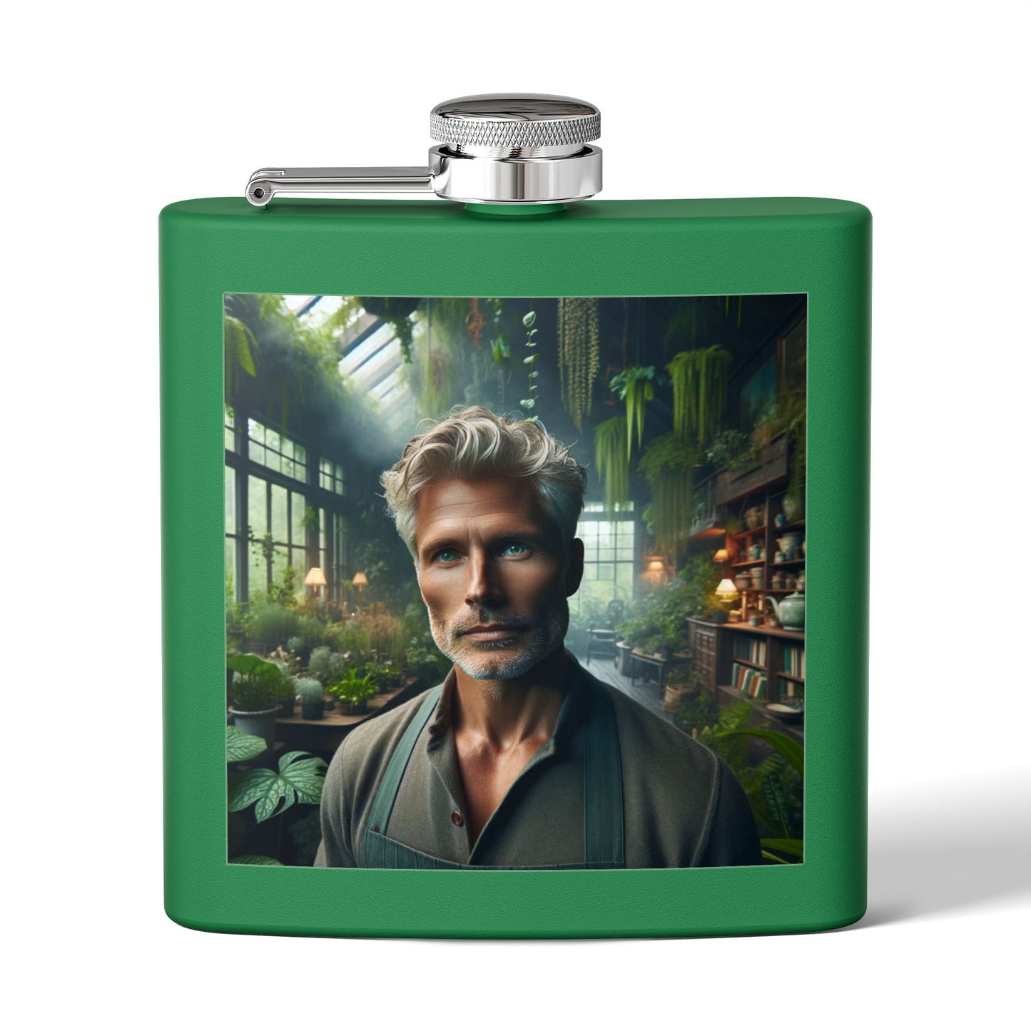 6oz Stainless Steel Flask — Botanical Greenhouse Portrait Design